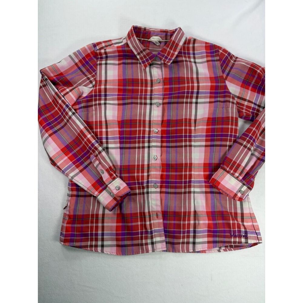 Marmot Womens XL Red Pink Plaid Merino Wool Blend Button Down Hiking Shirt